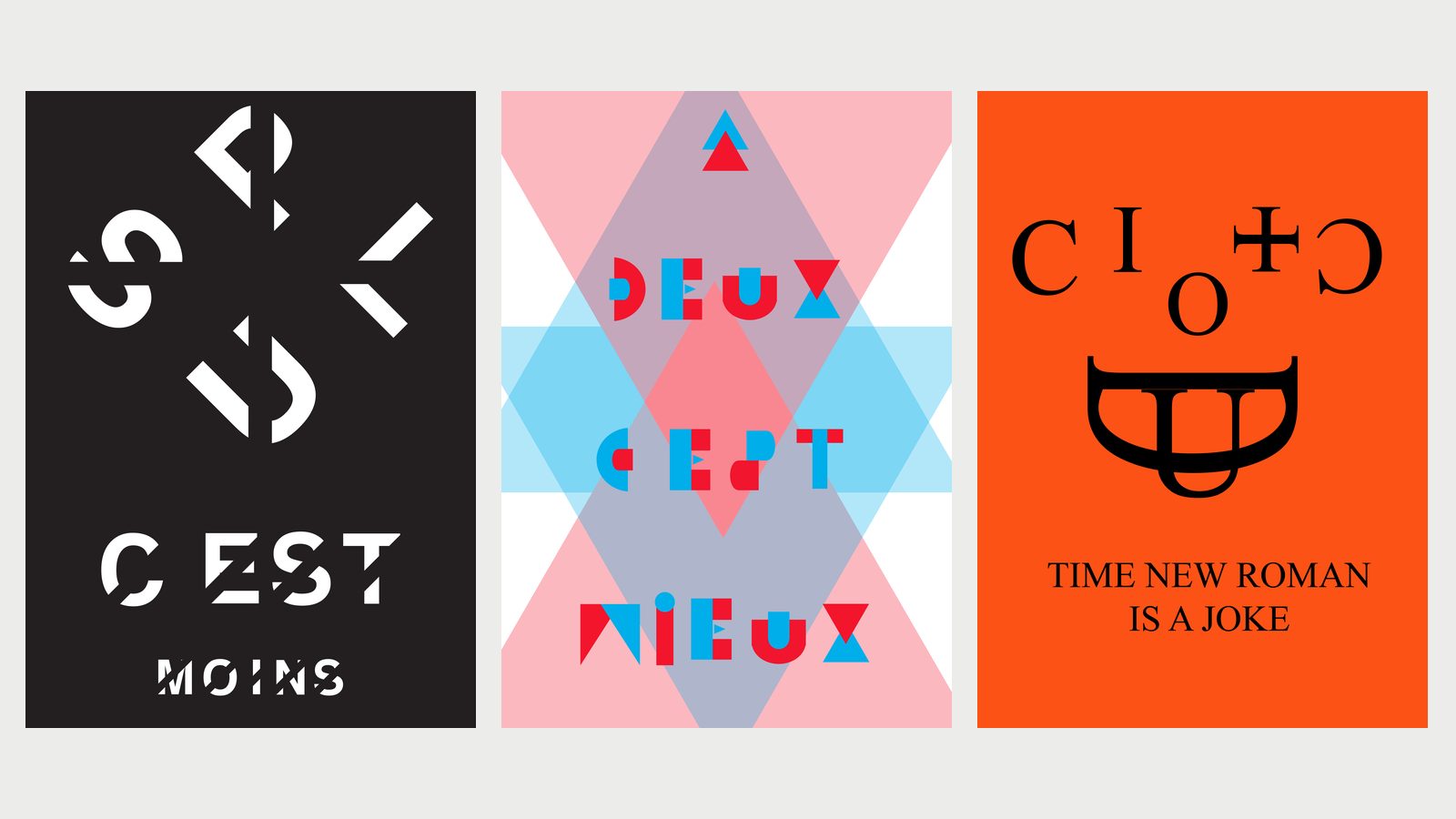 Expérimentations typographiques — Trois alphabets dessinés et des portraits composés en caractères, chacun mis en affiche.